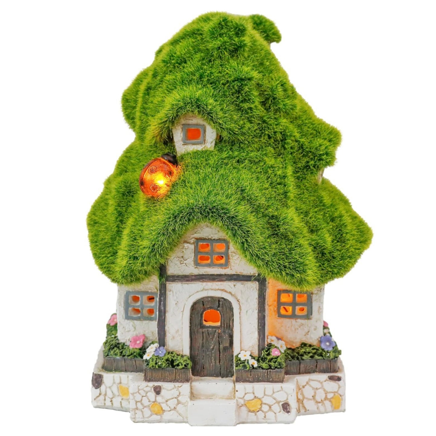 Flocked Fairy House Garden,  Ornaments Outdoor with Solar Lights, Waterproof Resin Garden Statues Cottage Figurines for Patio Lawn Yard Decorations, 20cm