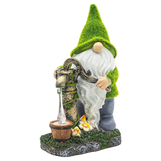 Garden Gnome on the Fountain with Solar Lights Height Approx. 35 cm Garden Figure Polyresin Weatherproof Garden Lighting Solar Decorative Figure for Outdoor Solar Lights