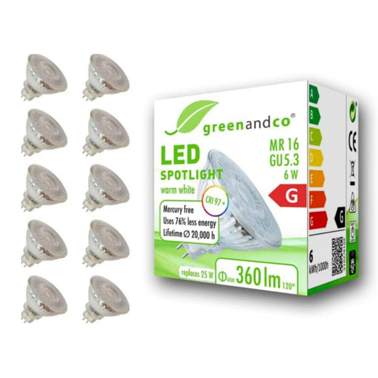 LED Spotlight by greenandco CRI97+ 2700K 110 Replaces 25W GU5.3 MR16, 6W 360lm Warm White 12V AC/DC, Flicker-Free, Not Dimmable, Pack of 10