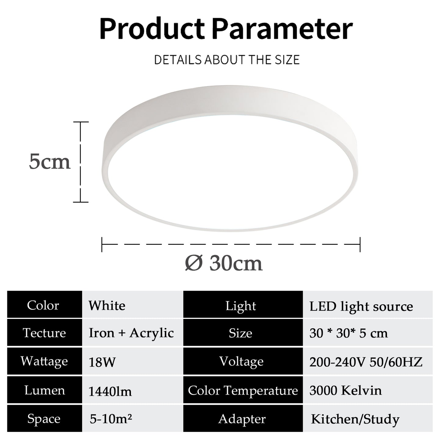 18W LED ceiling light warm white, 30x5cm white, A001-18WW-W