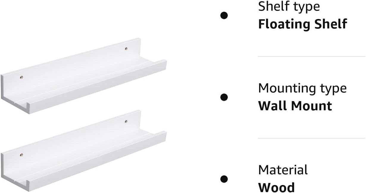 Wall Shelves, Floating Picture Ledge, Set of 2 Solid Wooden Hanging Display Shelf for Photo Frames and Books Home Decoration Storage Rack - White, 38x11.5cm