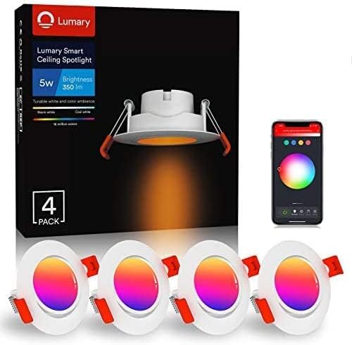 Lumary Recessed Spotlight LED Spot Dimmable - Smart RGBWW Swivel Ultra Flat 5W LED Recessed Lights RGB Warm White Cold White Recessed Spotlight, 350lm Ceiling Recessed Light Compatible with Alexa/Google Home (4PCS) [ Energy Class G]