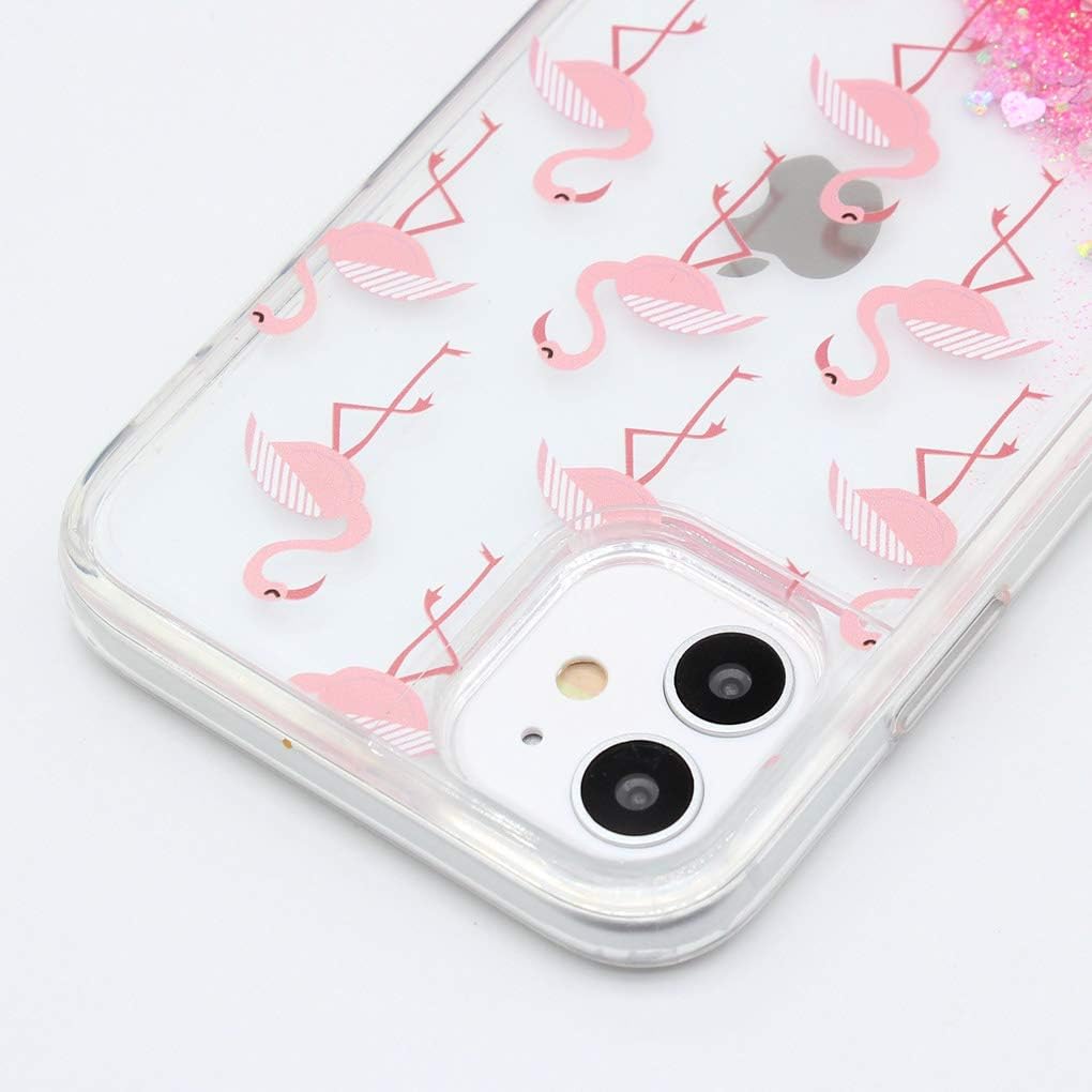 Cover for iPhone 11-6.1 Inch Glitter Liquid Case Transparent Shockproof Funny Designs Glitter Sequins Protective Case Hard Soft Silicone Bumper (Many Flamingos)