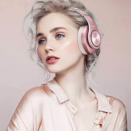 Bluetooth Headphones Wireless by Pollini 40H Playtime Foldable Over Ear Headphones with Microphone, Deep Bass Stereo Headset with Soft Memory-Protein Earmuffs for iPhone/Android Cell Phone/PC(Rose Gold)