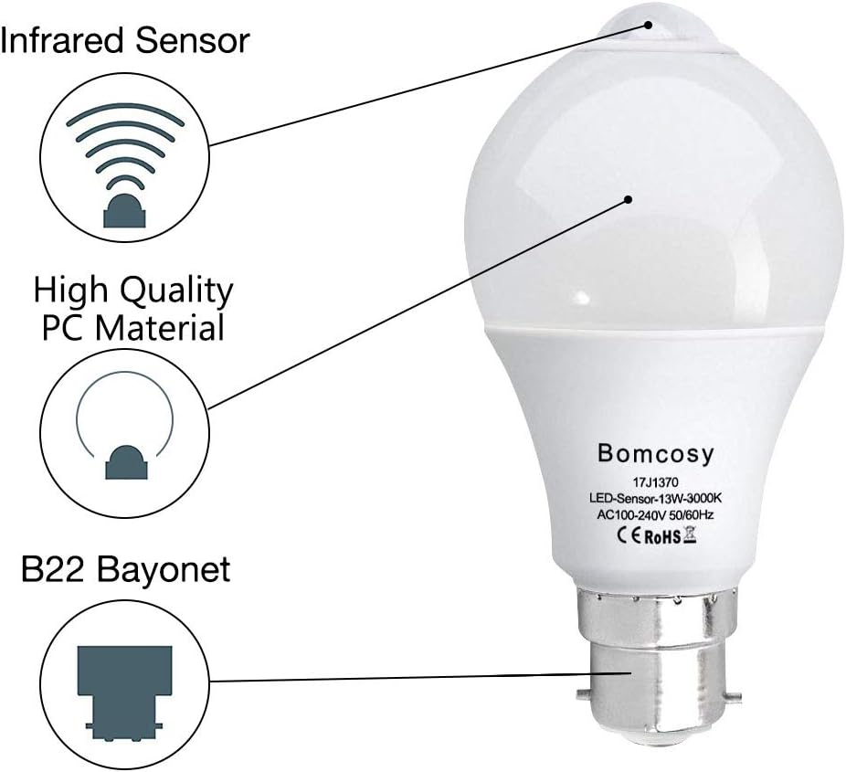 Motion Sensor LED Bulb By Bomcosy PIR B22 Bayonet 13W Warm White 3000K Equivalent to 100W Auto on/Off