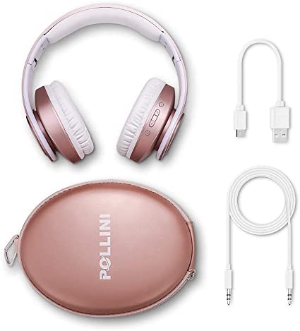 Bluetooth Headphones Wireless by Pollini 40H Playtime Foldable Over Ear Headphones with Microphone, Deep Bass Stereo Headset with Soft Memory-Protein Earmuffs for iPhone/Android Cell Phone/PC(Rose Gold)