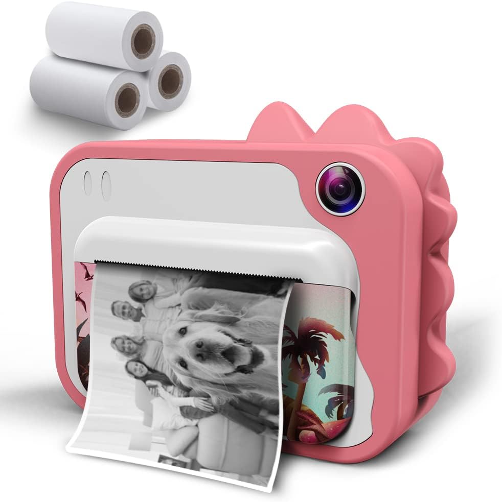 Instant Print Camera for Kids 12MP Digital Camera for Kids Aged 3-12 Ink Free Printing Video Camera for Kids 1080P 2.4 Inch Screen with 32GB SD Card,Color Pens,Print Papers (Pink)