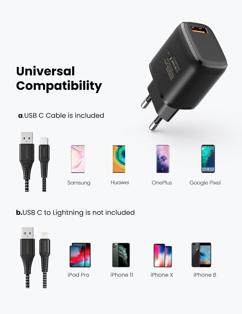 Quick Charge 3.0 USB Charger with USB Type C Charging Cable 2 m, 18 W QC 3.0 Charger Fast Charger USB Power Supply