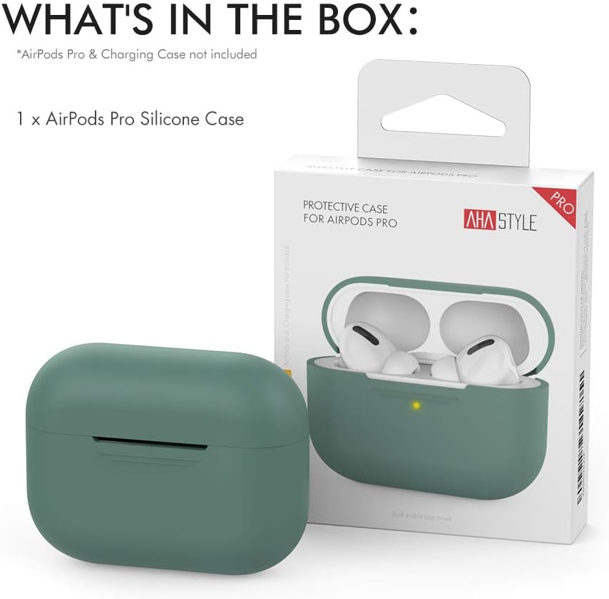 Silicone Case By AHASTYLE for Airpods Pro Protective Cover and Skin Case for AirPods Pro [Front LED Visible] [Wireless Charging] Compatible with Airpods Pro 2019 (Without Carabiner, Pine Green)