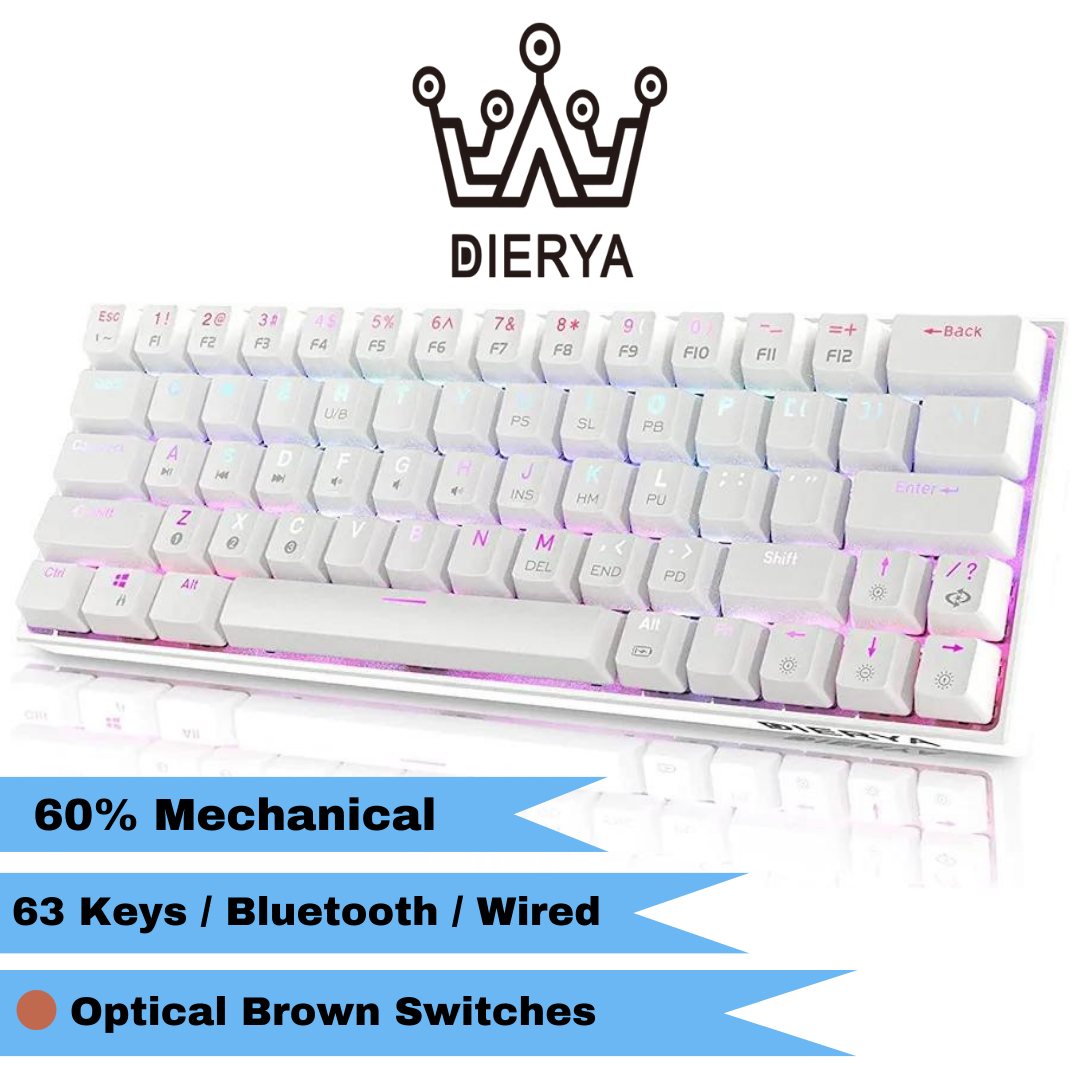 DIERYA DK63N 60% Mechanical, 63 Keys Bluetooth/Wired Mechanical Gaming Keyboard, RGB Backlit Bluetooth Keyboard w/Arrow Keys, Ultra-Compact Keyboard Full Keys Programmable for Windows Laptop PC Mac (Optical Brown Switch)