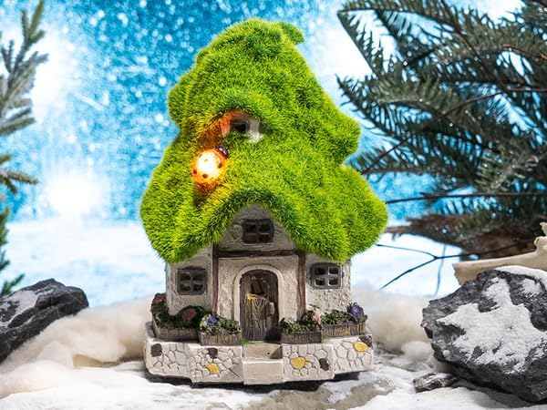 Flocked Fairy House Garden,  Ornaments Outdoor with Solar Lights, Waterproof Resin Garden Statues Cottage Figurines for Patio Lawn Yard Decorations, 20cm