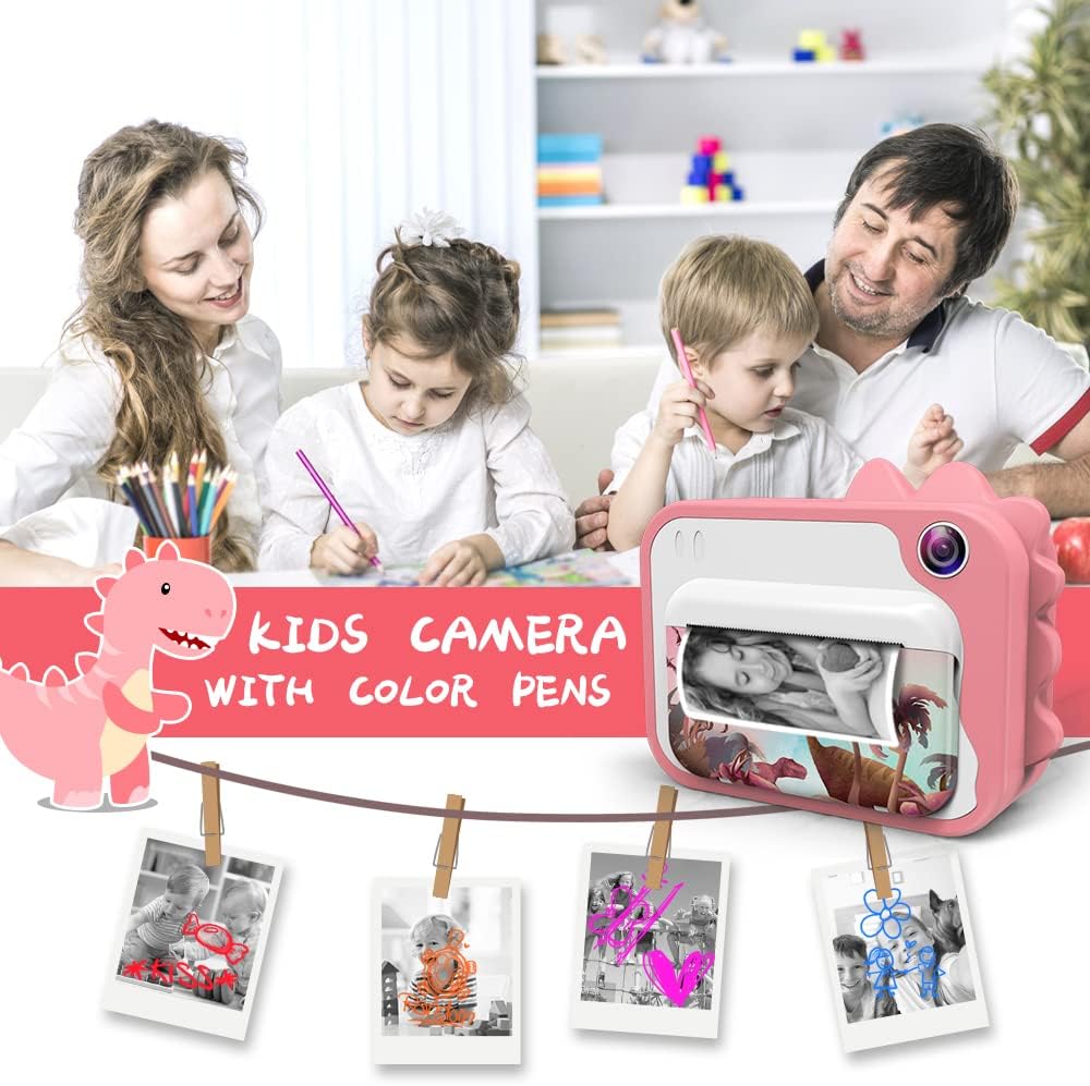 Instant Print Camera for Kids 12MP Digital Camera for Kids Aged 3-12 Ink Free Printing Video Camera for Kids 1080P 2.4 Inch Screen with 32GB SD Card,Color Pens,Print Papers (Pink)