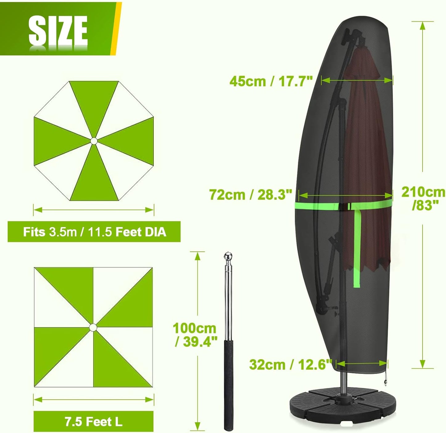 Parasol Protective Cover with Rod, Parasol Cover 2 to 4 M, Large Cantilever Parasol Protective Cover, Weatherproof, UV Anti, Windproof and Snowproof, Outdoor for Cantilever Parasol