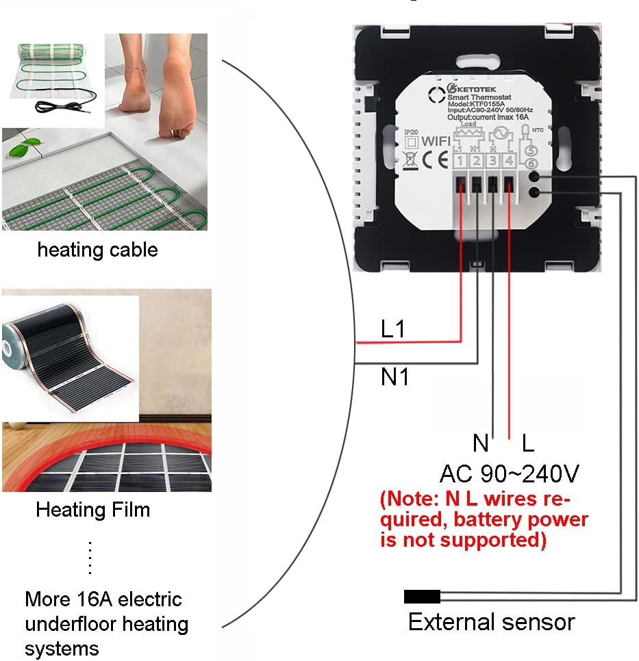 Smart Thermostat by KETOTEK WiFi for Electric Underfloor Heating 16A Alexa/Google Assistant Compatible, Programmable Underfloor Heating Thermostats Controller with NTC Probe Sensor