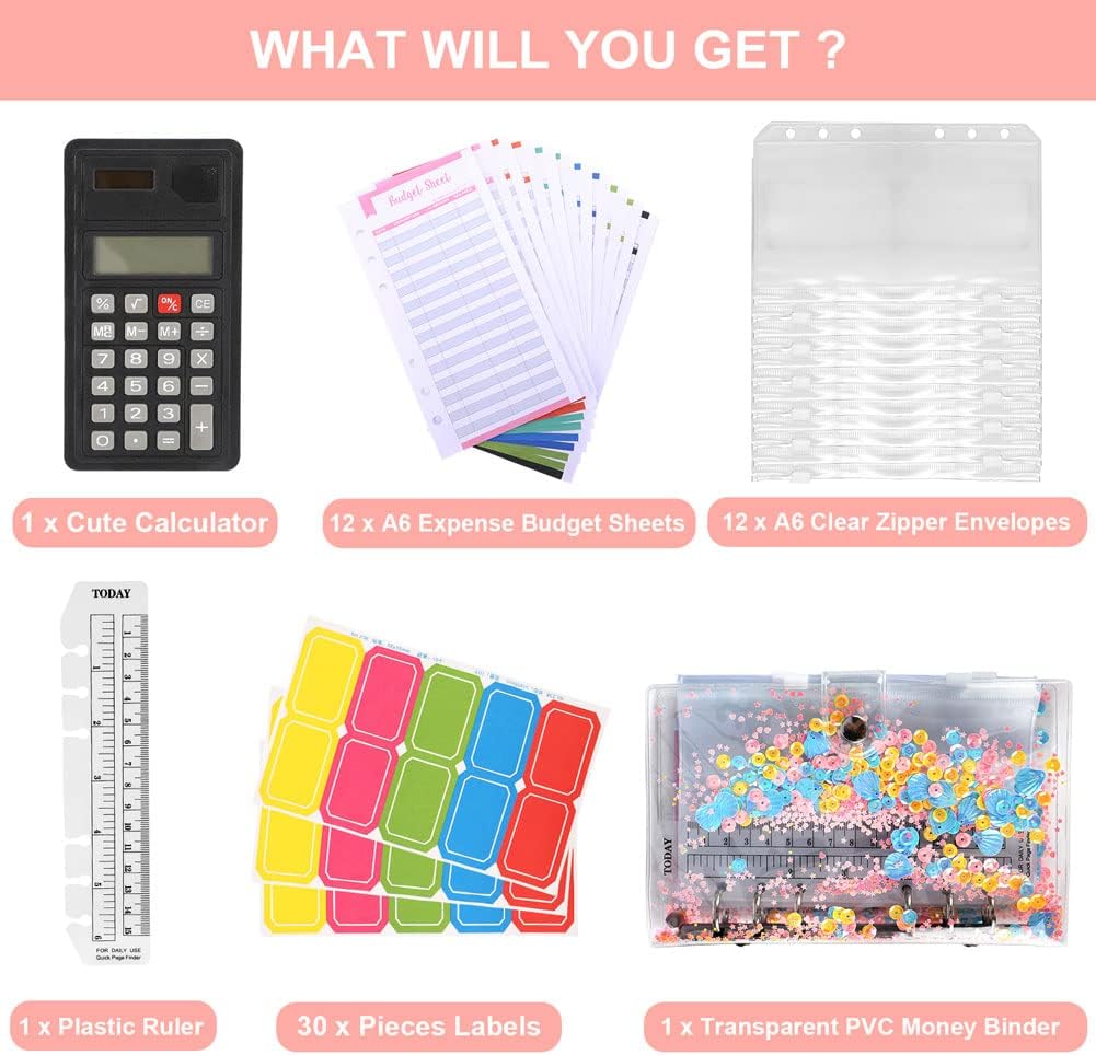 Budget Planner A6 Budget Binder Acemall 57 Pieces Ring Binder Planner Money Storage Notebook, Money Book with 12 Pieces Binder Pockets, Label Stickers, for Cash Envelopes, Travel and Diary