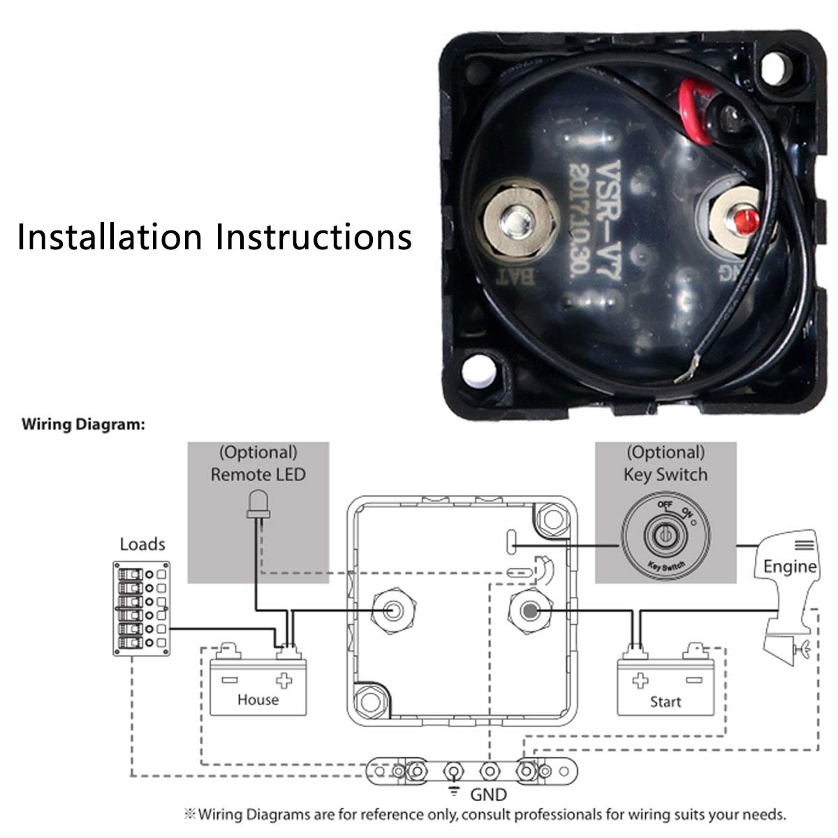 Amomd 12V 125 Amp Voltage Sensitive Relay (VSR) Automatic Charging Relay Dual Smart Battery Isolator Specially Designed for ATV UTV Boats RV's Campers Waterproof IP67 Black