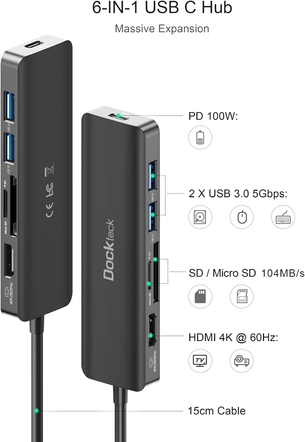 Dockteck USB C Hub, 6-in-1 Dock USB C Adapter with 4K 60Hz HDMI 100W PD 2 USB 3.0 Data Ports SD/microSD for MacBook Pro/Air M1/M2, iPad Pro/Mini 6, Surface Pro 8, Samsung and More