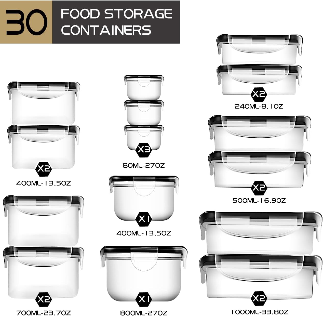 Food Storage Containers, Set of 30 (15 Containers and 15 Snap Lids), Plastic Food Containers with Lids and Labels, Leak Proof & BPA-Free, Suitable for Dishwasher, Freezer, Microwave