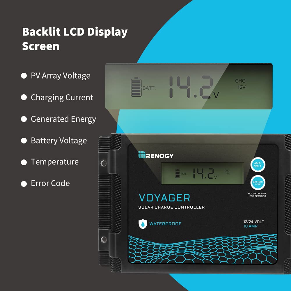 Renogy Voyager Waterproof 20Amp PWM Solar Charge Controller Regulator with LCD and IP67 rating for 12V and 24V solar system, Compatible with Sealed/AGM, Gel, Flooded, and Lithium batteries