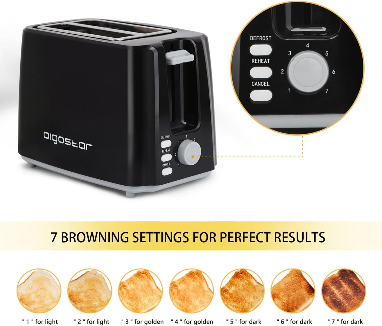 2-Slice Toaster by Aigostar, 750W, 7 Variable Browning Settings, Defrost, Reheat and Cancel Functions, Auto Shut-Off, Black, BPA Free - Warrior 30KHK