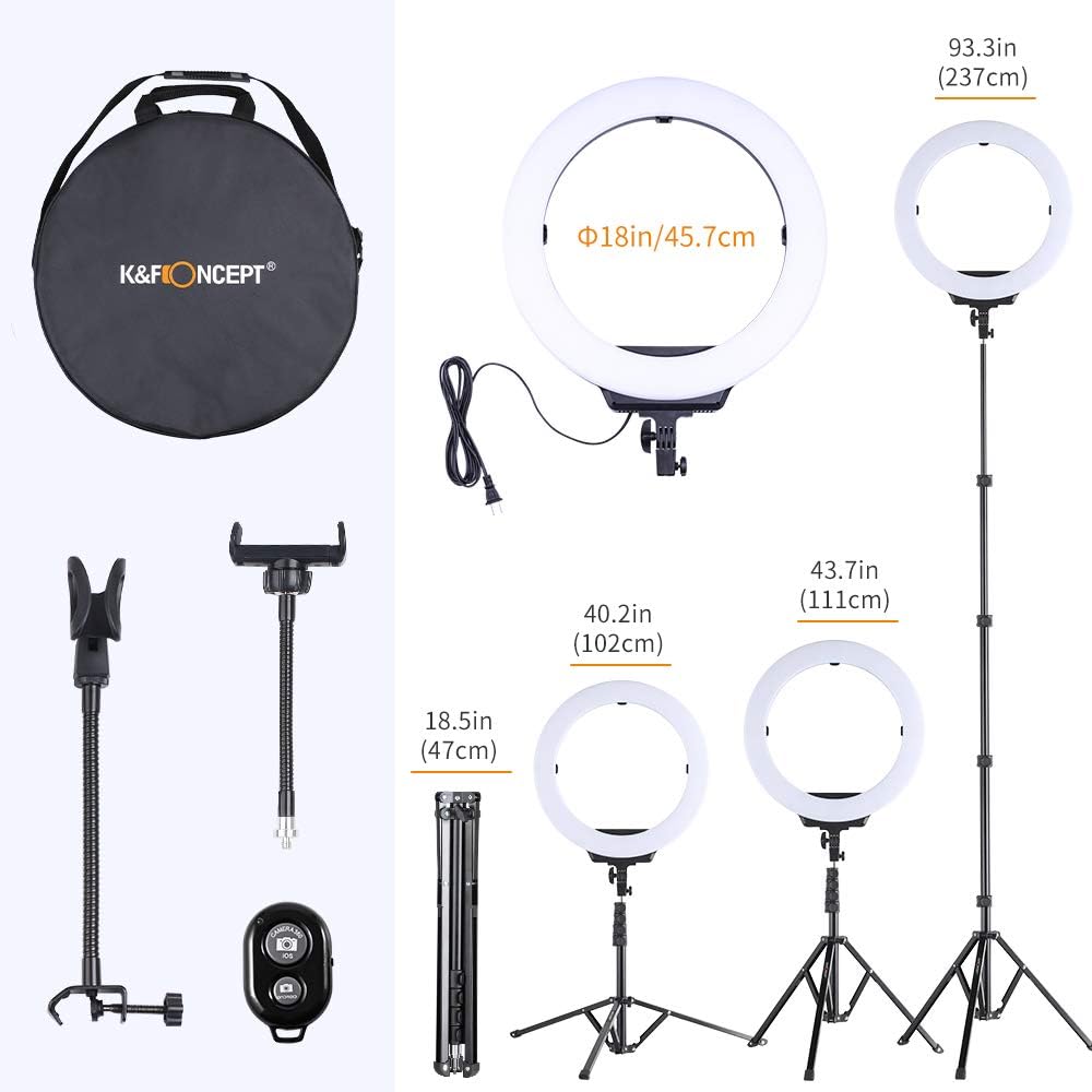 18-inch LED Ring Light By K&F Concept with 3 Cold Shoe Interfaces for Phones, Microphones and Power Bank, 2.37M Tripod Stand, Bi-color 3200-6500K Dimmable with Bluetooth Receiver for TikTok YouTube Video