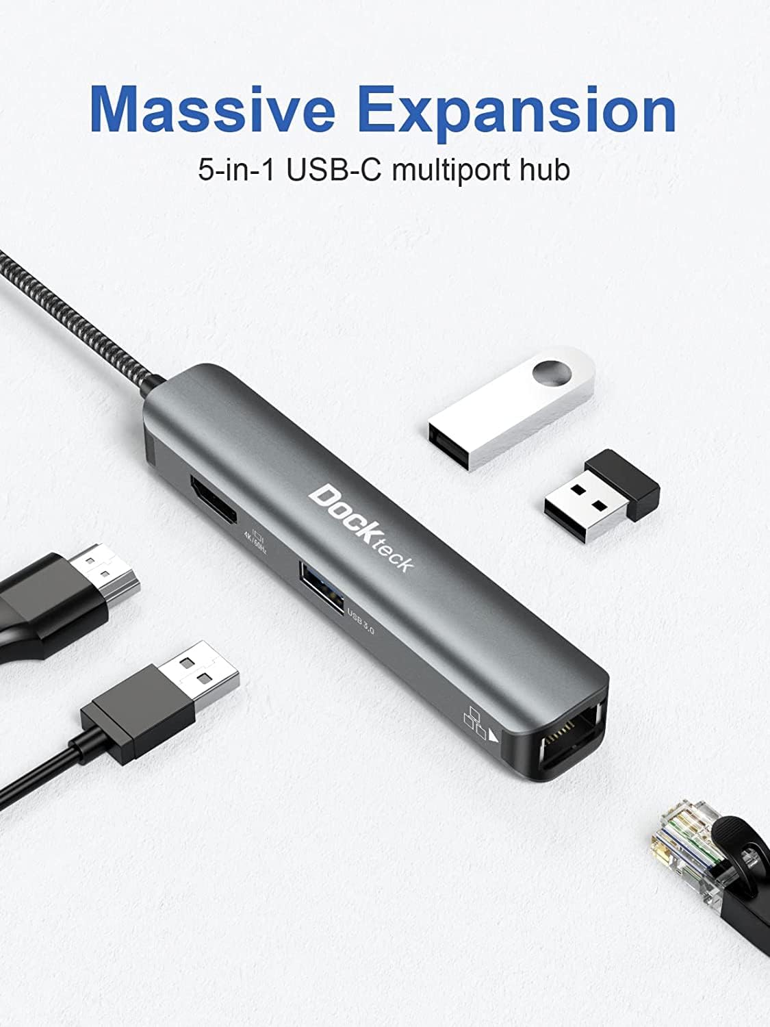 USB C Multiport Hub 4K 60Hz, Dockteck MacBook Pro M1 Adapter 5 in 1 USB C to HDR HDMI, Gigabit Ethernet, 3 USB 3.0 Ports, for MacBook Air M1 2020, iPad Pro M1 2021, iPad Air 2020 and More