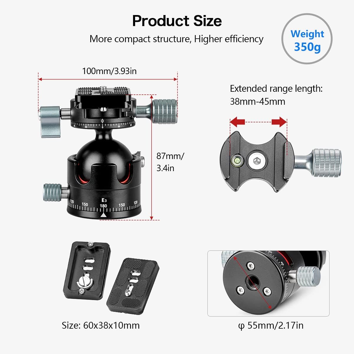 Panorama Ball Head, F45 mm Ball Diameter Double Panorama Tripod Head 360° Rotatable with 1/4" Screw Quick Release Plate for Tripod, DSLR, Camcorder, Max. Load 20kg - E3H2