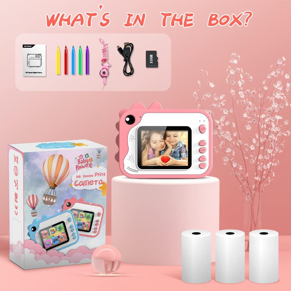 Instant Print Camera for Kids 12MP Digital Camera for Kids Aged 3-12 Ink Free Printing Video Camera for Kids 1080P 2.4 Inch Screen with 32GB SD Card,Color Pens,Print Papers (Pink)