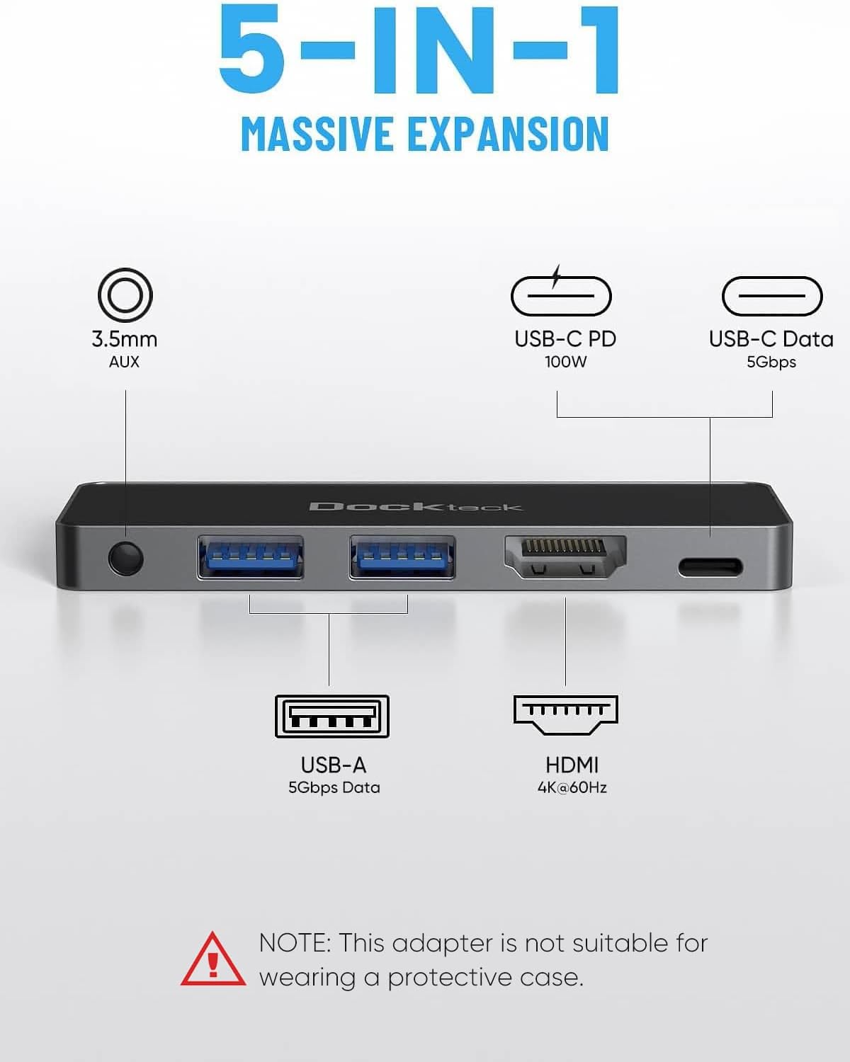 USB C Hub Adapter iPad Pro 12.9 2021 2020, Dockteck 5-in-1 HDMI Adapter for iPad Air 5 / Air 4 / Mini 6 with USB 3.0 x 2 / 4K 60Hz HDMI / 3.5 mm Audio / 100 W PD