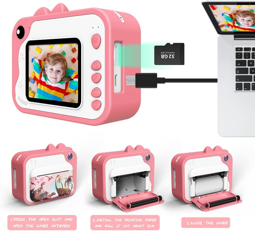 Instant Print Camera for Kids 12MP Digital Camera for Kids Aged 3-12 Ink Free Printing Video Camera for Kids 1080P 2.4 Inch Screen with 32GB SD Card,Color Pens,Print Papers (Pink)