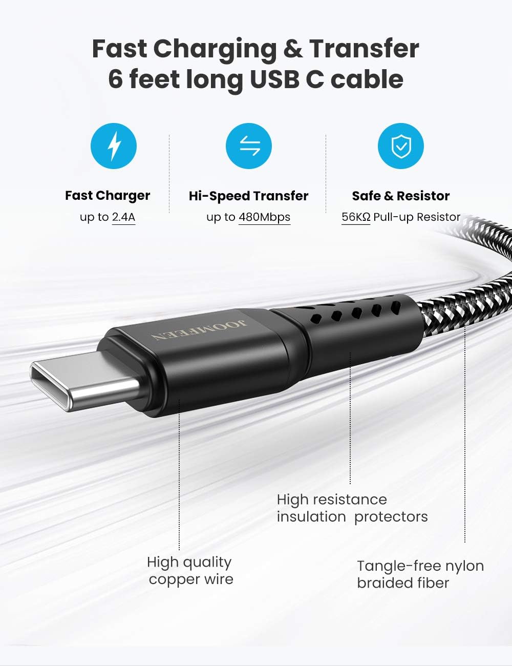 Quick Charge 3.0 USB Charger with USB Type C Charging Cable 2 m, 18 W QC 3.0 Charger Fast Charger USB Power Supply