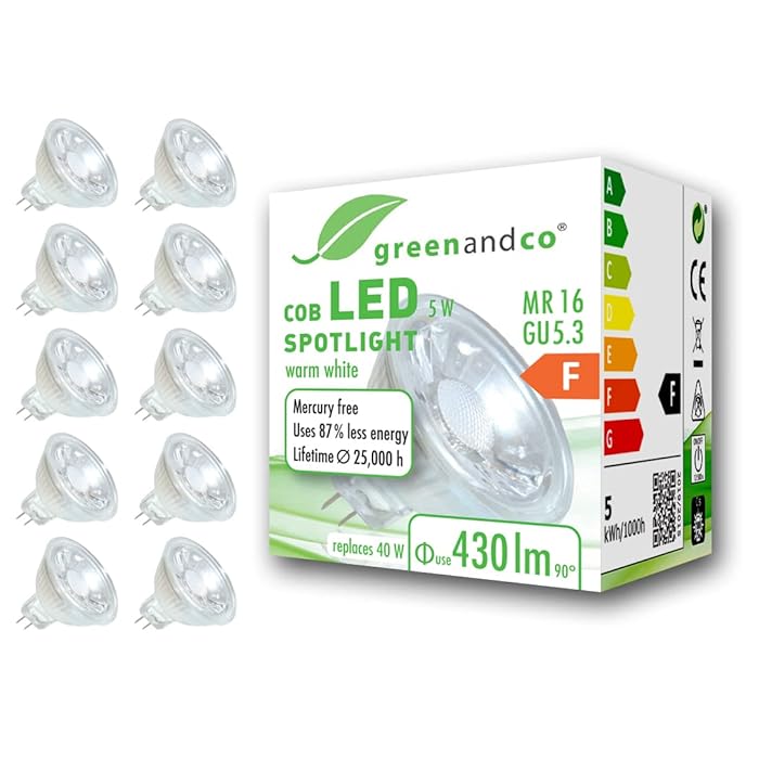 MR16 GU5.3 LED Spot 5W Replaces 40W 430lm 3000K (Warm White) 38 Beam Angle 12V AC/DC Glass Body with Protective Glass, 10-Pack [Energy Class F]