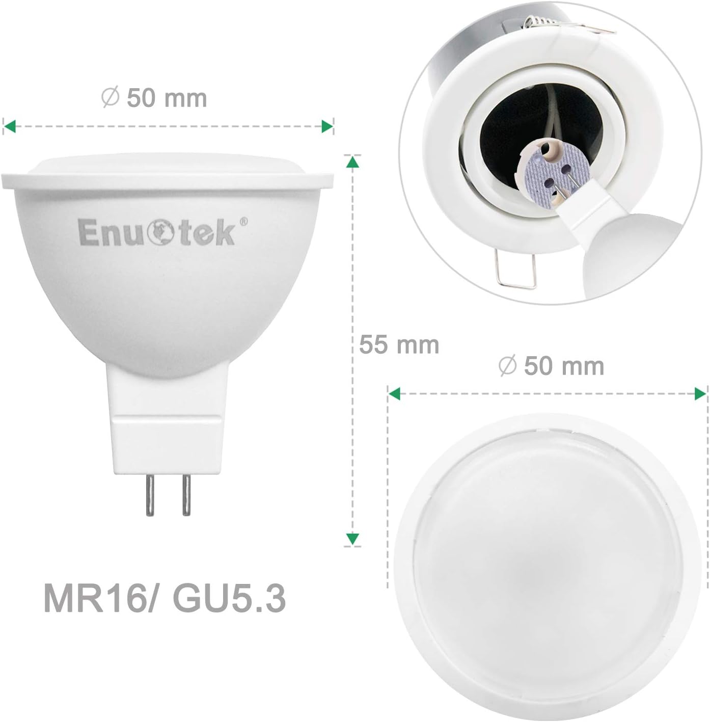 MR16 GU5.3 LED Spot Light Bulbs Spotlights 7W 650Lm 120 Beam Angle Warm White 3000K 12V AC DC GU5.3 Bi-Pin Base Not Dimmable Replace 60W Halogen Lamp 6 Pack by Enuotek