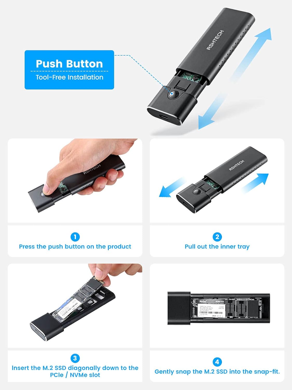 M.2 NVMe SATA SSD Case RSHTECH Aluminum M.2 NVMe Adapter RTL9210B Chip USB 3.1 Gen 2 10Gbps to NVMe PCIe and SATA M-Key(B+M Key), No Tools, UASP Trim(RSH-329)