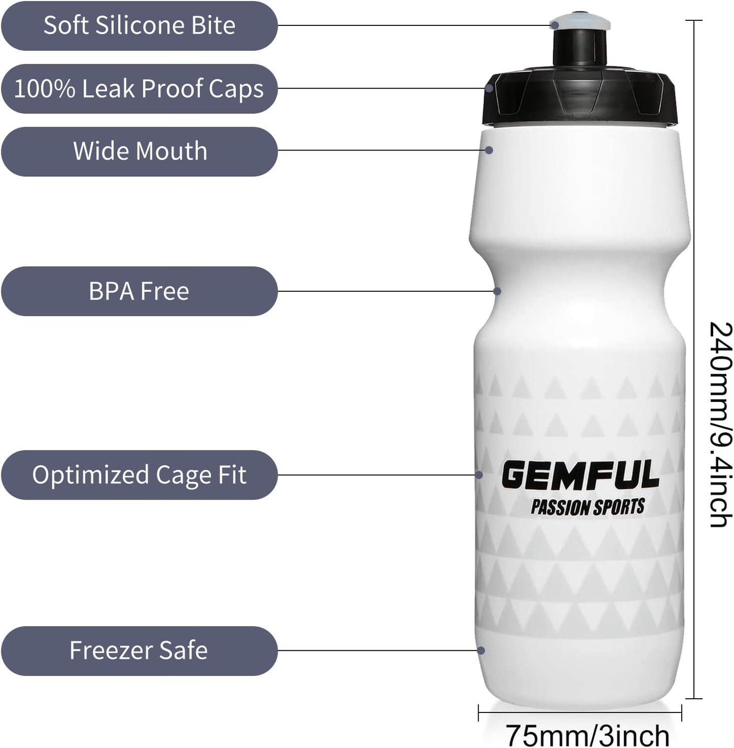 GEMFUL Bike Water Bottle BPA Free 750ml 2 Pack (Black+white)