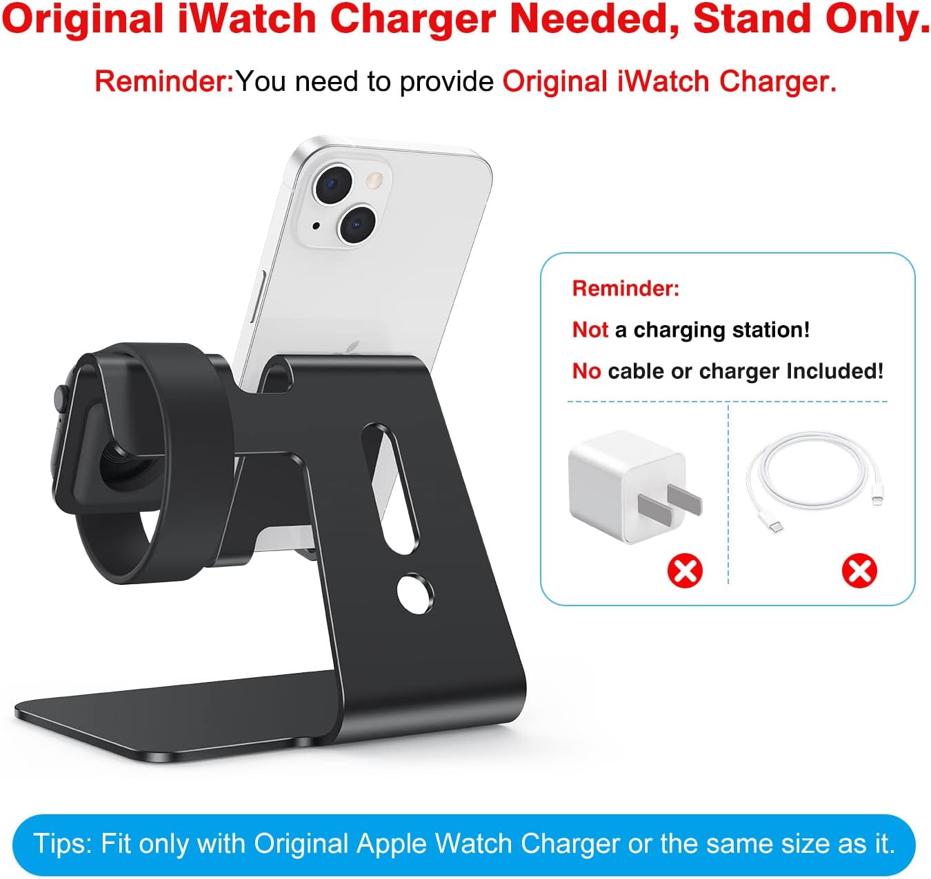 Stand for Watch & Phone, 2 in 1 universal stand holder (not including charger) for all phones, Black