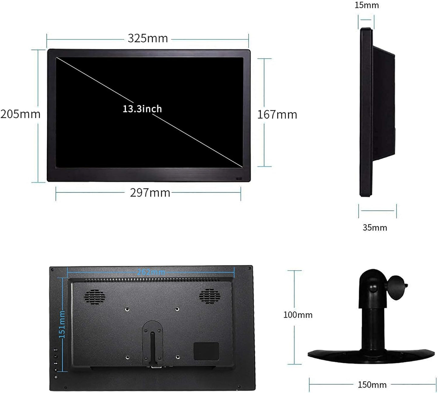 Thinlerain 13.3 inch Small HDMI Monitor 1366x768 LED Display Support HDMI VGA AV BNC USB Intput for PC Laptop Computer Kitchen Monitor, Built-in Speaker