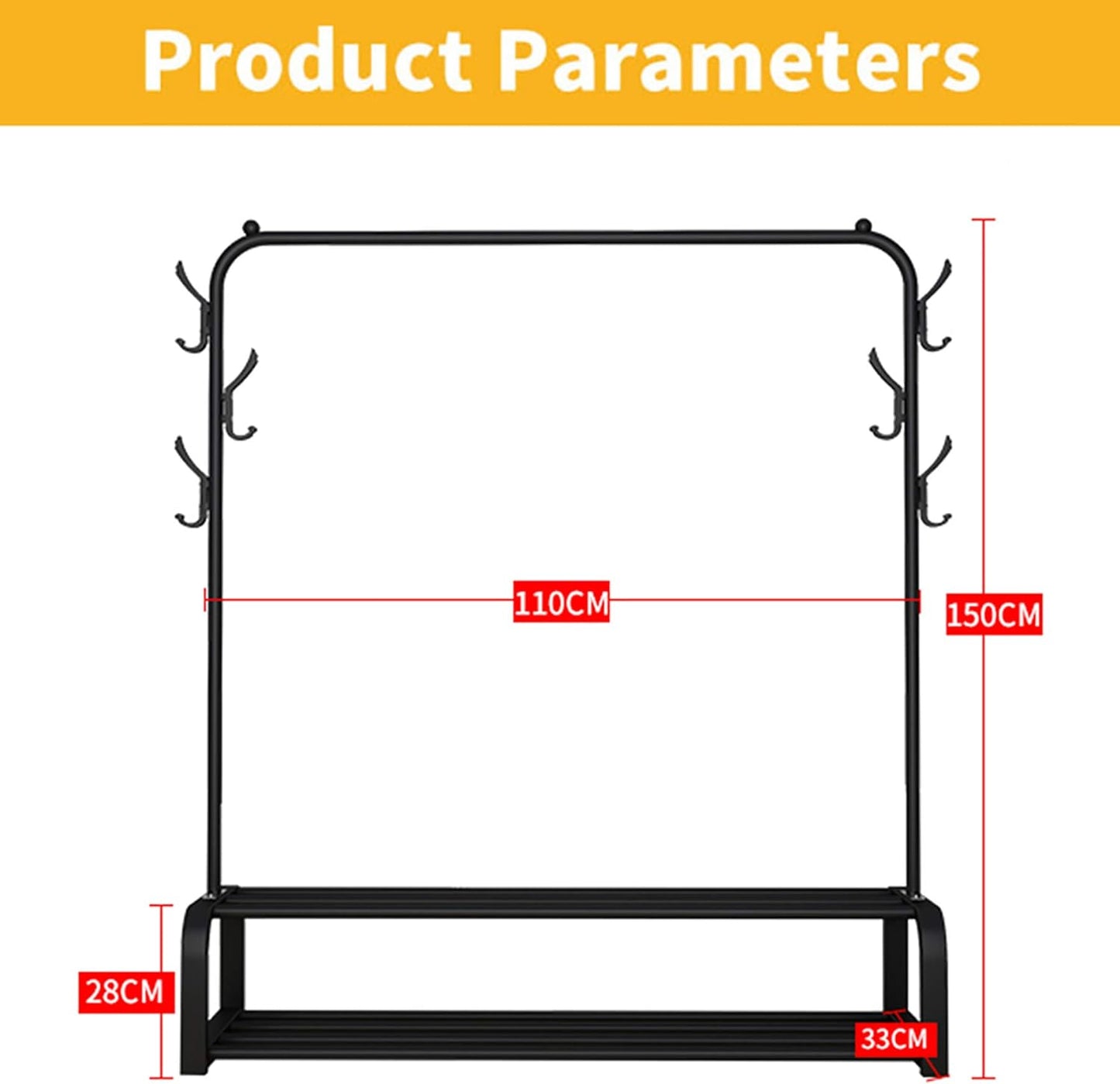 Clothes Rack by UDEAR Freestanding Clothes Rack with Top Bar, Bottom Shelf and 6 Hooks, Black