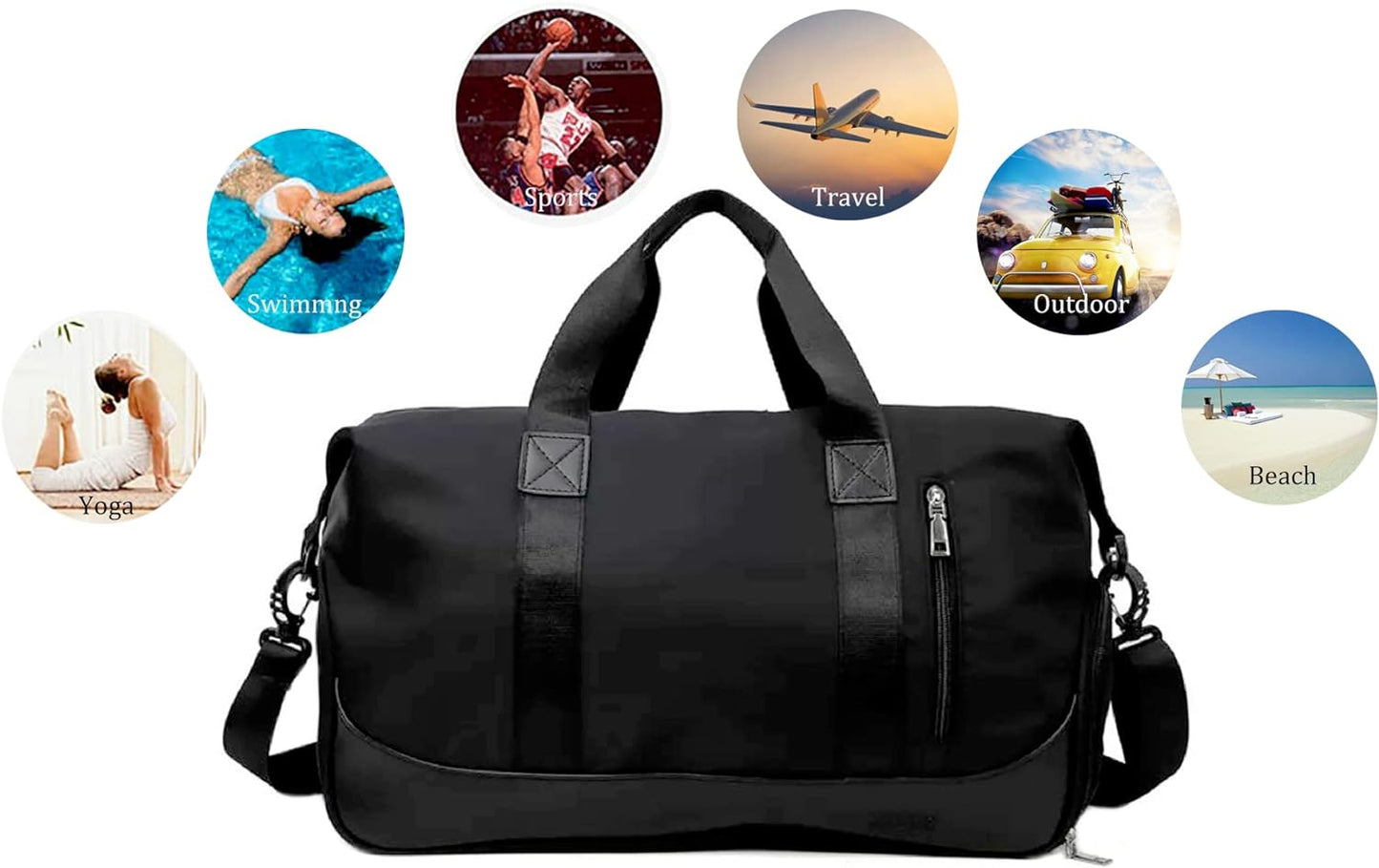 Sports Bag for Men and Women Weekender Carry On Workout Travel Bag Overnight Shoulder Bag Lightweight with Shoe Compartment and Wet Compartment, black