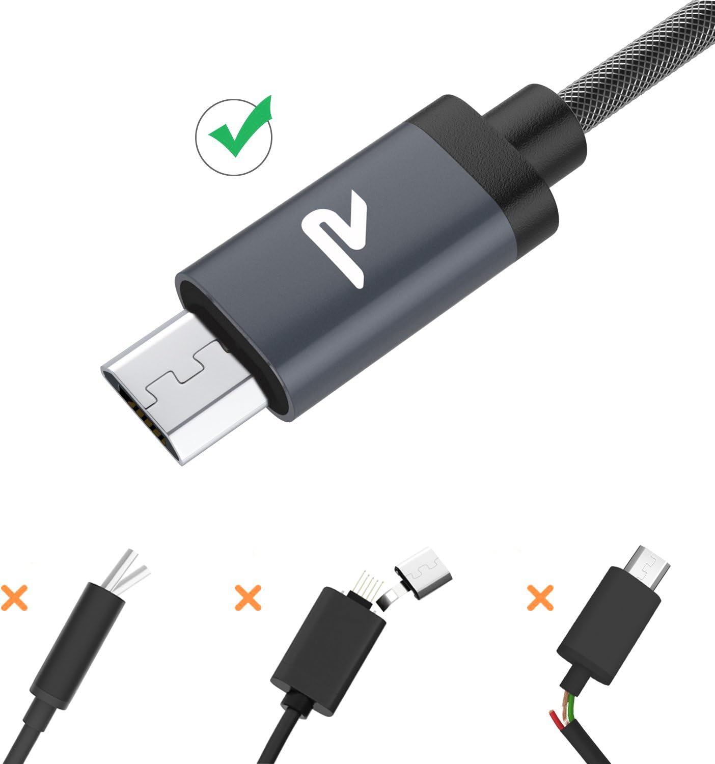 Rampow Micro USB Cable, 2.4A Rapid Charging, Fast Data Transfer Support, 5,000+ Times of Bend Testing, Durable Braided Nylon Cable, Compatible with Android Microusb, Micro USB Cable