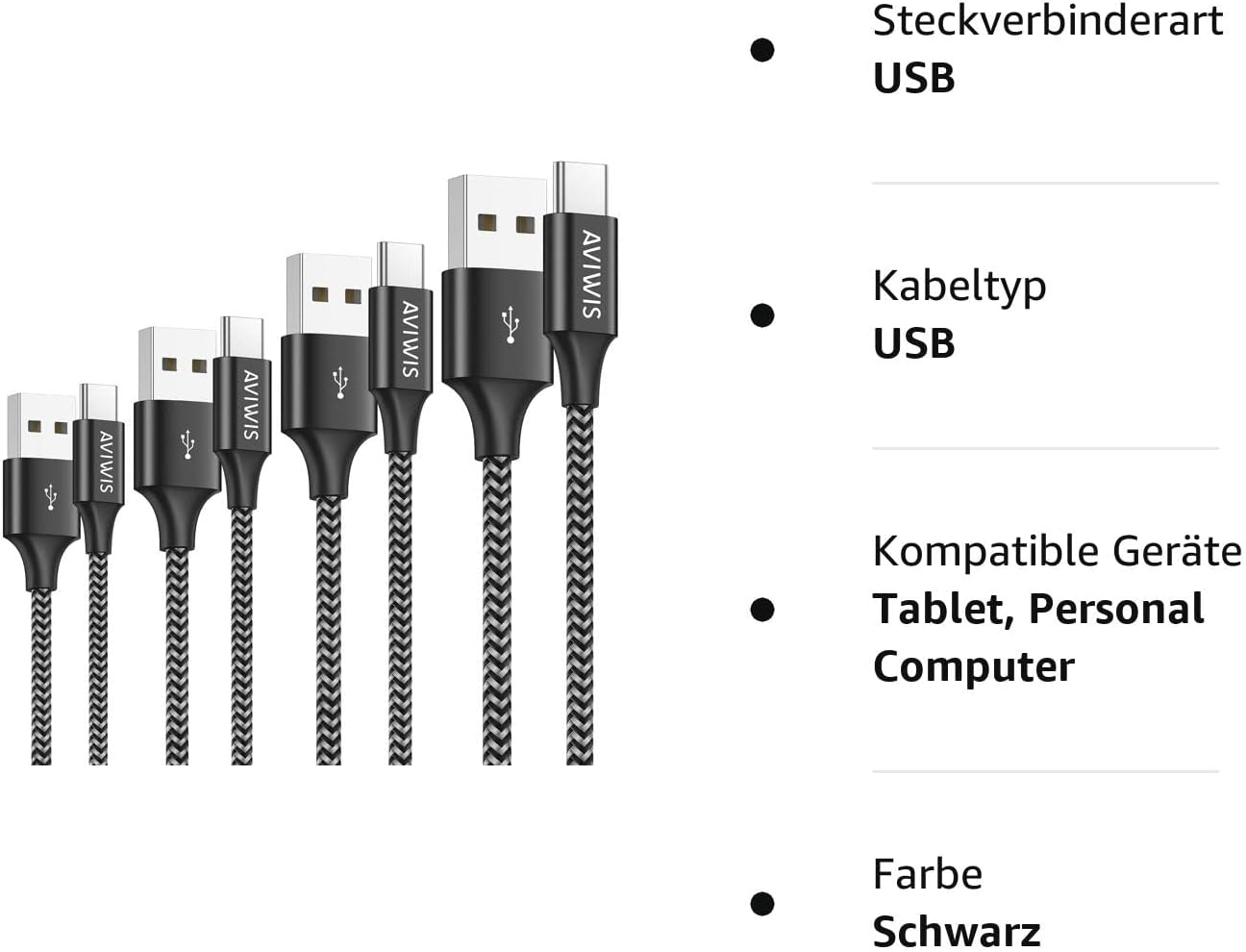 USB C Cable, AVIWIS Nylon USB Type C Charging Cable and Data Cable Fast Charge Sync Fast Charging Cable for Samsung Galaxy S10/S9/S8, Huawei P20/Mate20, Sony Xperia XZ, OnePlus Black