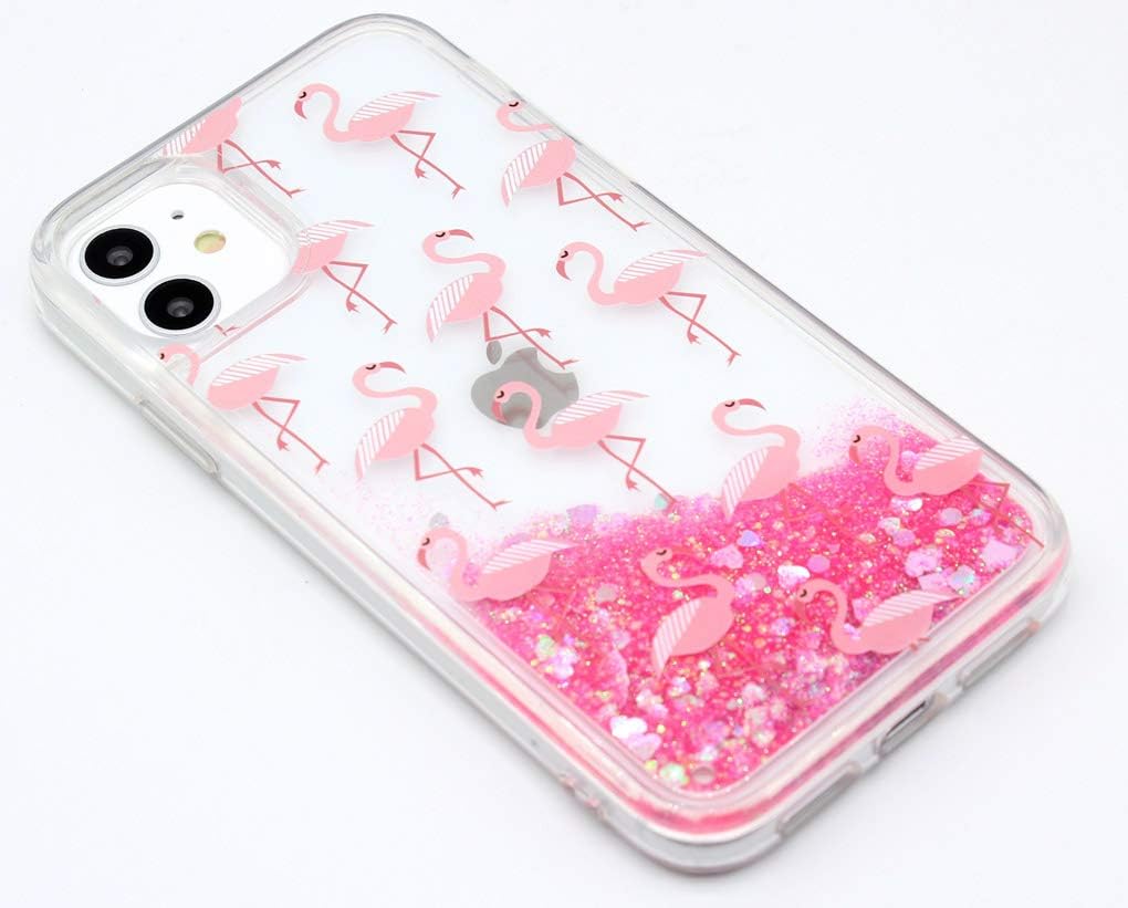 Cover for iPhone 11-6.1 Inch Glitter Liquid Case Transparent Shockproof Funny Designs Glitter Sequins Protective Case Hard Soft Silicone Bumper (Many Flamingos)