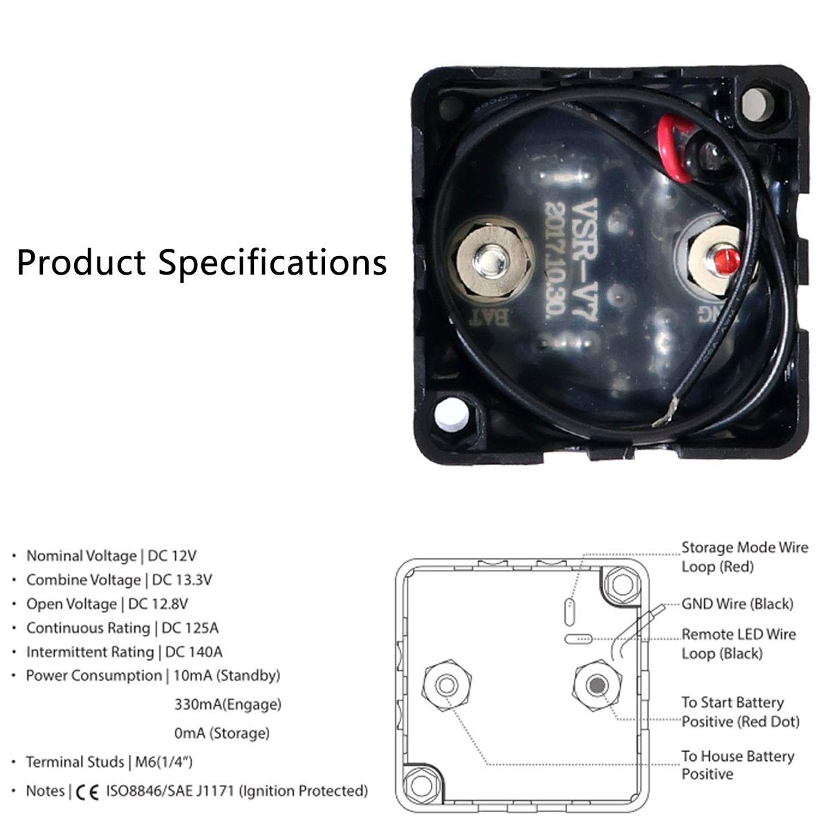 Amomd 12V 125 Amp Voltage Sensitive Relay (VSR) Automatic Charging Relay Dual Smart Battery Isolator Specially Designed for ATV UTV Boats RV's Campers Waterproof IP67 Black