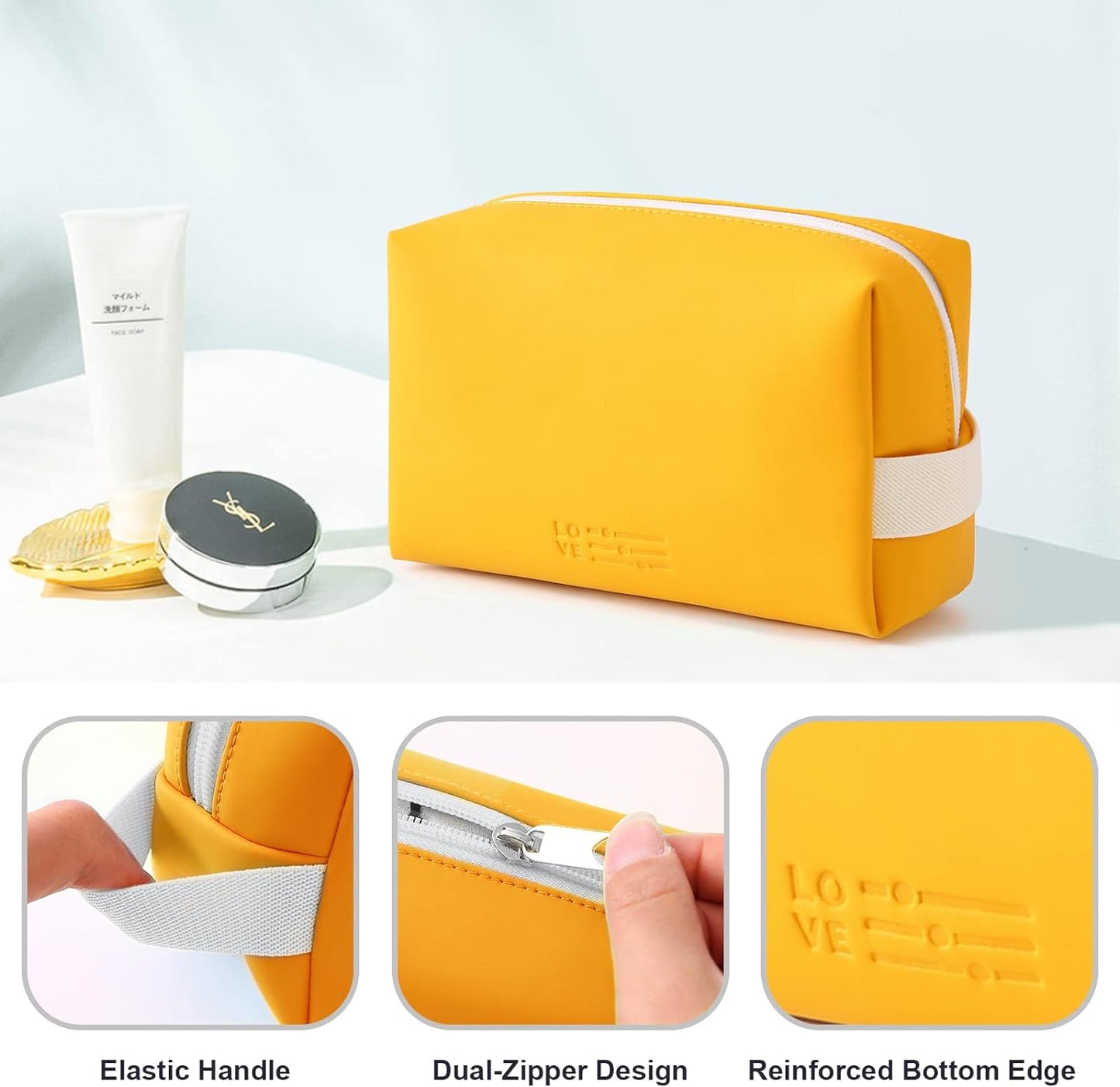 Small Makeup Bag Travel Cosmetic Bag for Women Zipper Pouch Makeup Organizer Bag PU Leather Waterproof Cute Toiletry Bags(yellow)