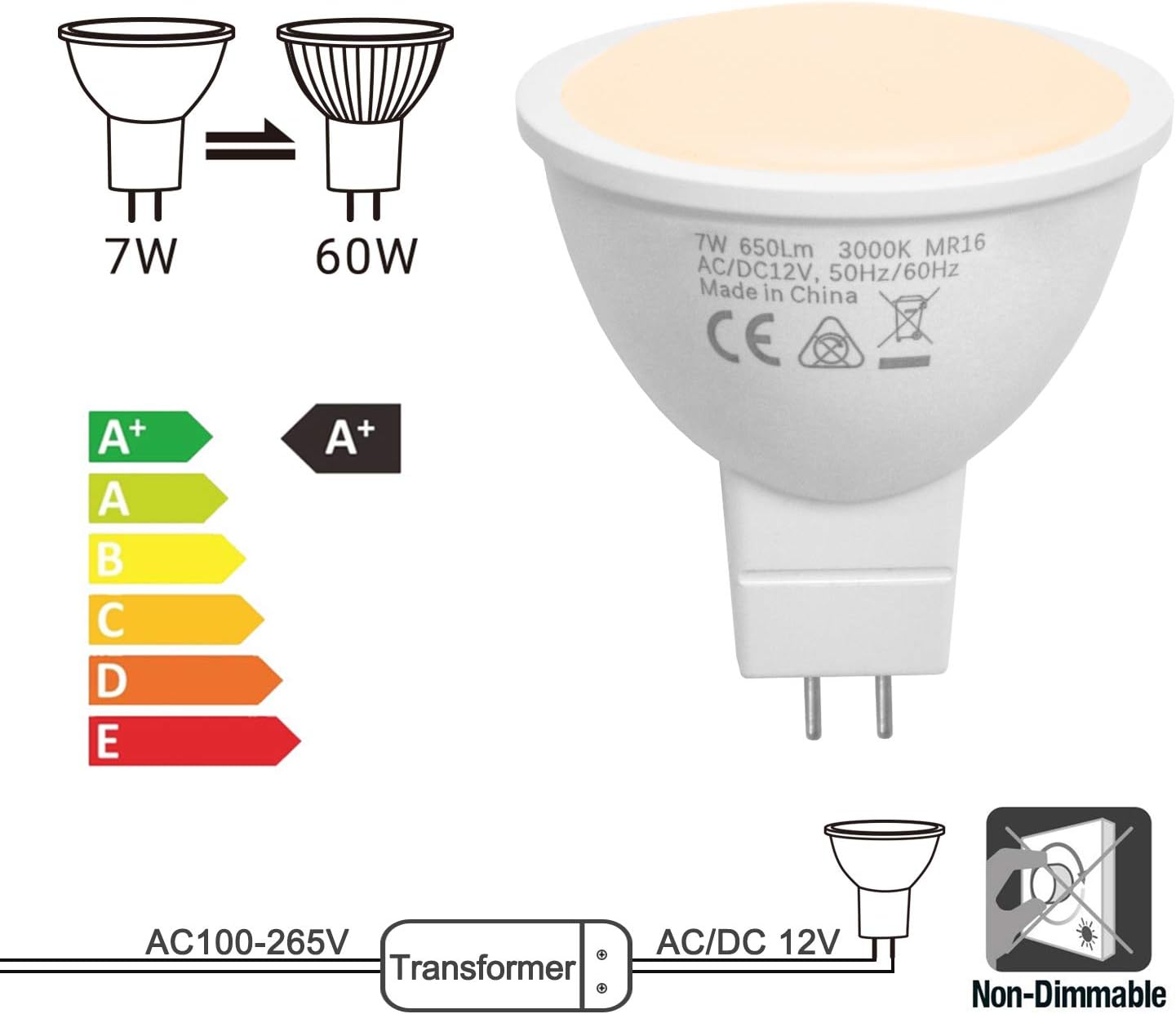 MR16 GU5.3 LED Spot Light Bulbs Spotlights 7W 650Lm 120 Beam Angle Warm White 3000K 12V AC DC GU5.3 Bi-Pin Base Not Dimmable Replace 60W Halogen Lamp 6 Pack by Enuotek