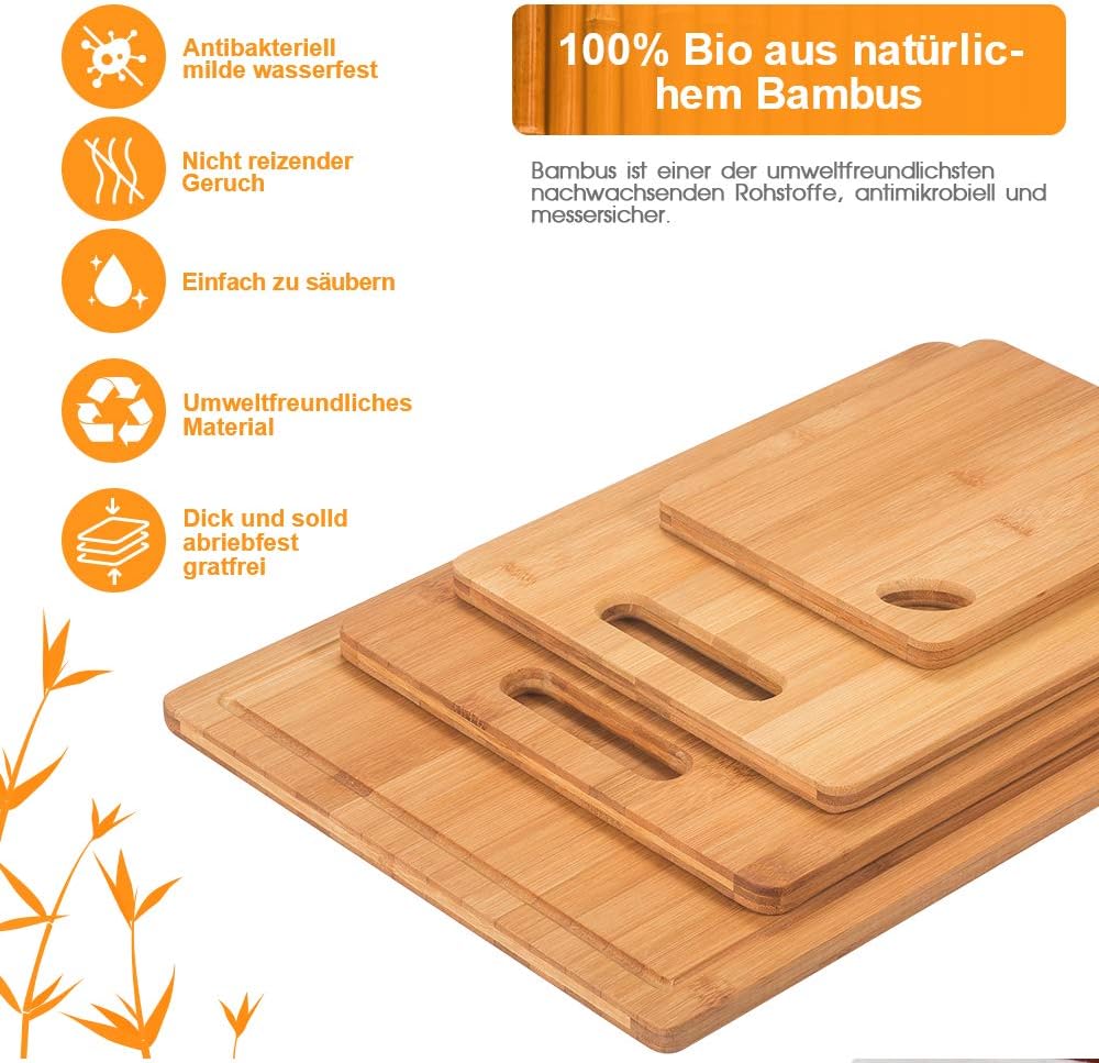 Masthome Set of 4 Bamboo Cutting Boards, Kitchen Cutting Boards with Juice Groove and Handles, Wooden Cutting Board, for Preparing Meat, Vegetables, Fruit and Bread