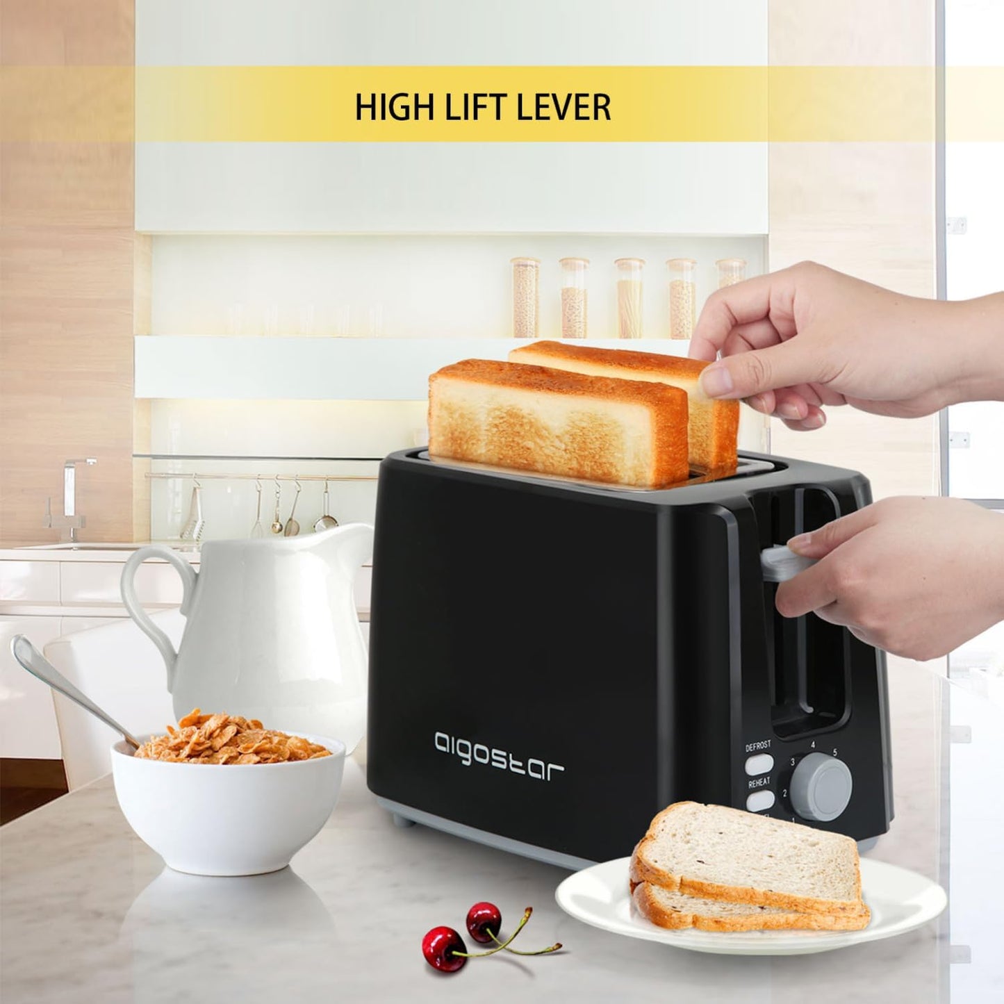 2-Slice Toaster by Aigostar, 750W, 7 Variable Browning Settings, Defrost, Reheat and Cancel Functions, Auto Shut-Off, Black, BPA Free - Warrior 30KHK