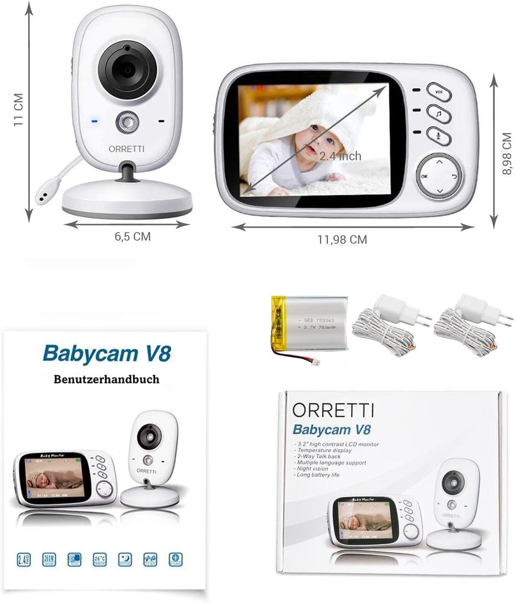 Orretti V8 Baby Monitor with Camera and Extra Battery - Night Vision Two Way Talk VOX Mode Temperature Sensor Lullabies 3.2 inch LCD Screen Smart Video Monitor for Baby/Elder/Pet with UK-Plug