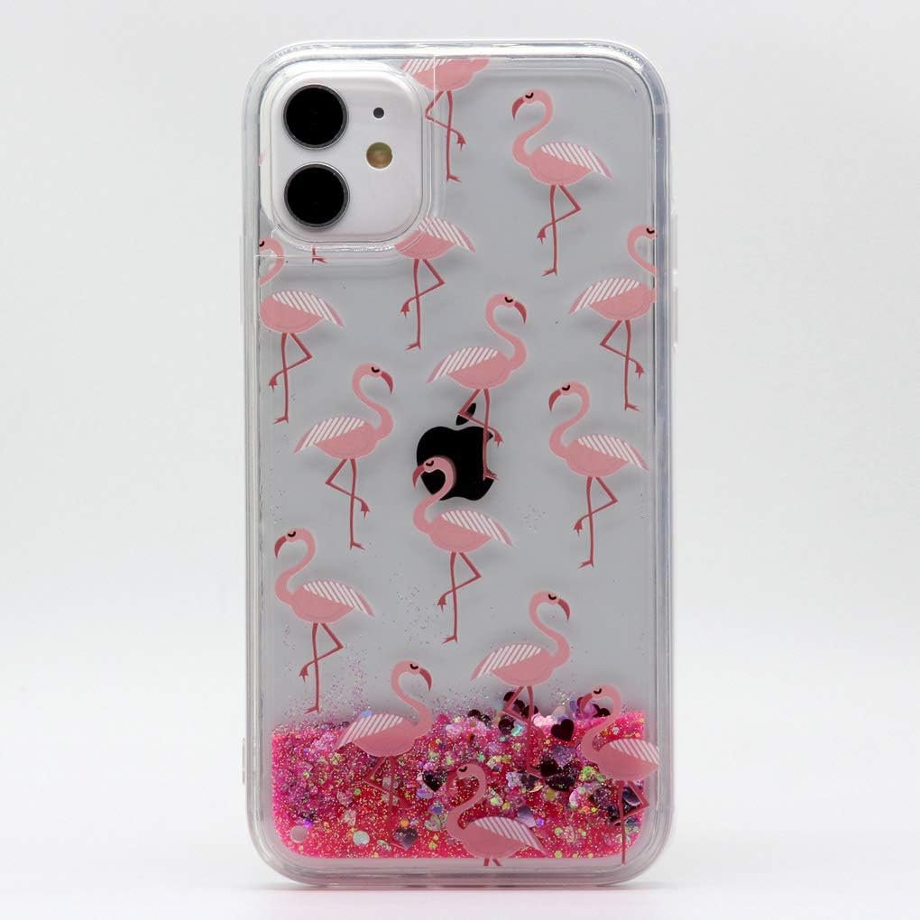 Cover for iPhone 11-6.1 Inch Glitter Liquid Case Transparent Shockproof Funny Designs Glitter Sequins Protective Case Hard Soft Silicone Bumper (Many Flamingos)