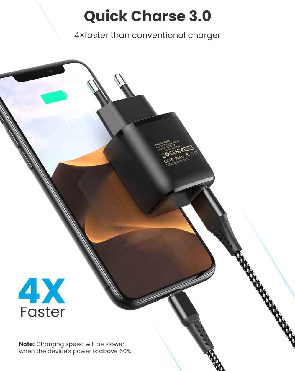 Quick Charge 3.0 USB Charger with USB Type C Charging Cable 2 m, 18 W QC 3.0 Charger Fast Charger USB Power Supply